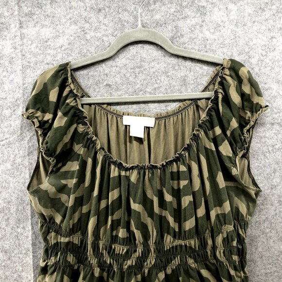 Michael Kors Off Shoulder Top Womens L Short Sleeve Babydoll Army Green Camo - Picture 3 of 8